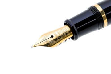 Elegant fountain pen nib with shimmering gold finish isolated on transparent background.