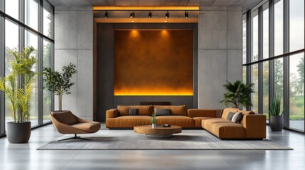 Modern living room interior design with large windows, sectional sofa, and coffee table