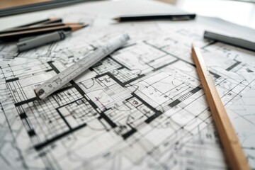 Architectural blueprints are spread out on a desk with a ruler, pencils, and markers