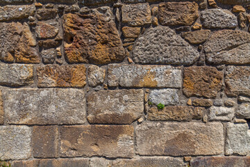 A close-up view of a weathered stone wall