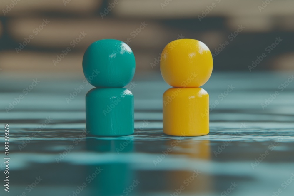 Poster two colorful figures standing in water symbolizing connection reflection and peaceful interaction th