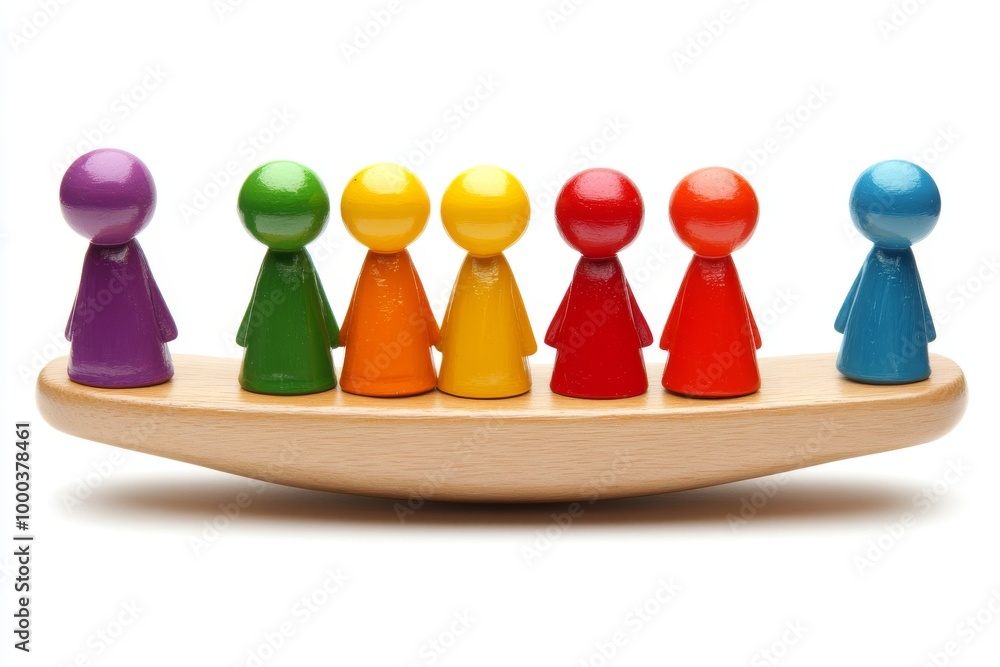 Poster 3d illustration of colorful game pieces balanced on a wooden plank symbolizing teamwork balance and 