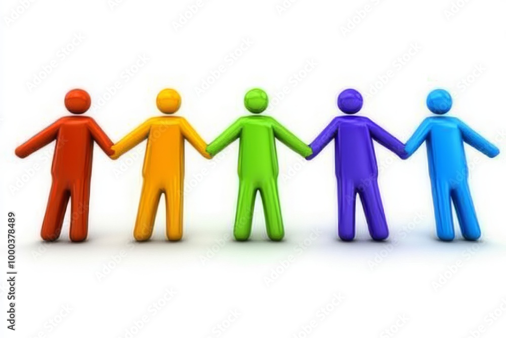 Poster 3d illustration of colorful figures holding hands symbolizing unity teamwork and friendship through 