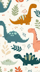 Colorful drawing of four dinosaurs, including a Stegosaurus, is on a white background. The dinosaurs are smiling and appear to be happy