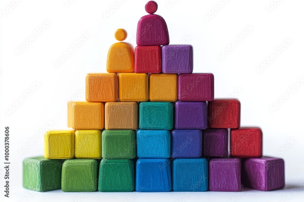 Poster 3d illustration of a pyramid structure made of colorful blocks with a figure on top symbolizing lead