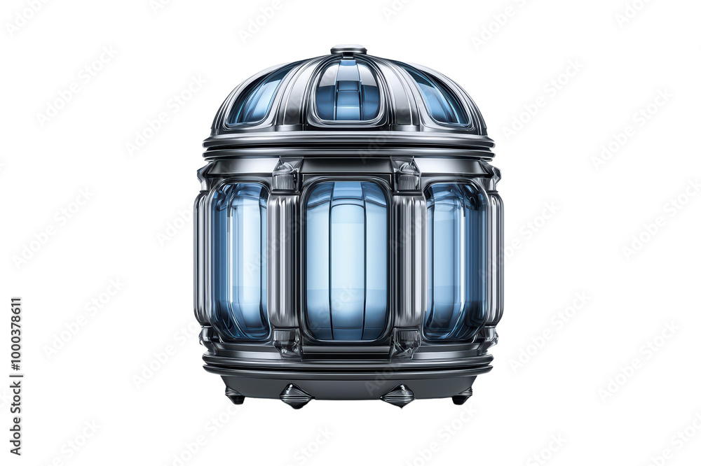 Poster futuristic metallic container with transparent panels isolated on transparent background.