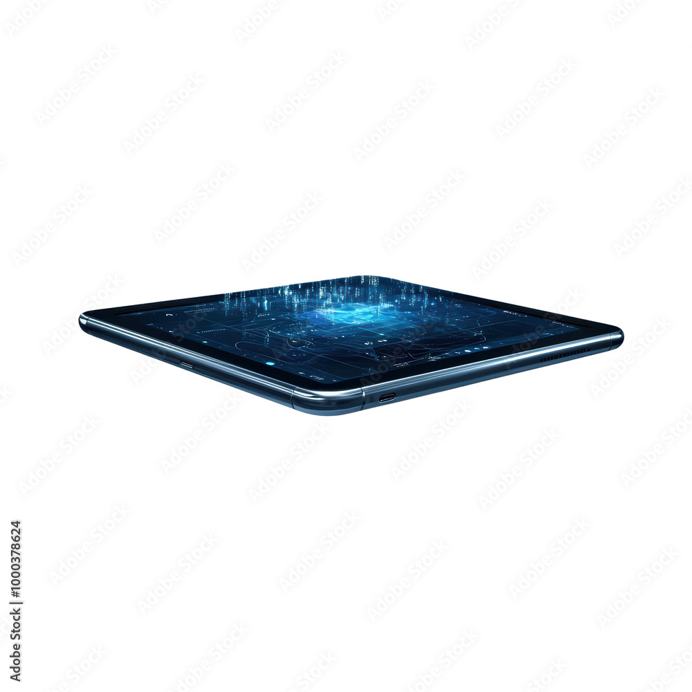 Poster futuristic tablet showcasing digital interface with glowing elements isolated on transparent backgro