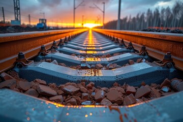 Fototapeta premium Railway track installation and infrastructure development using specialized rail laying equipment