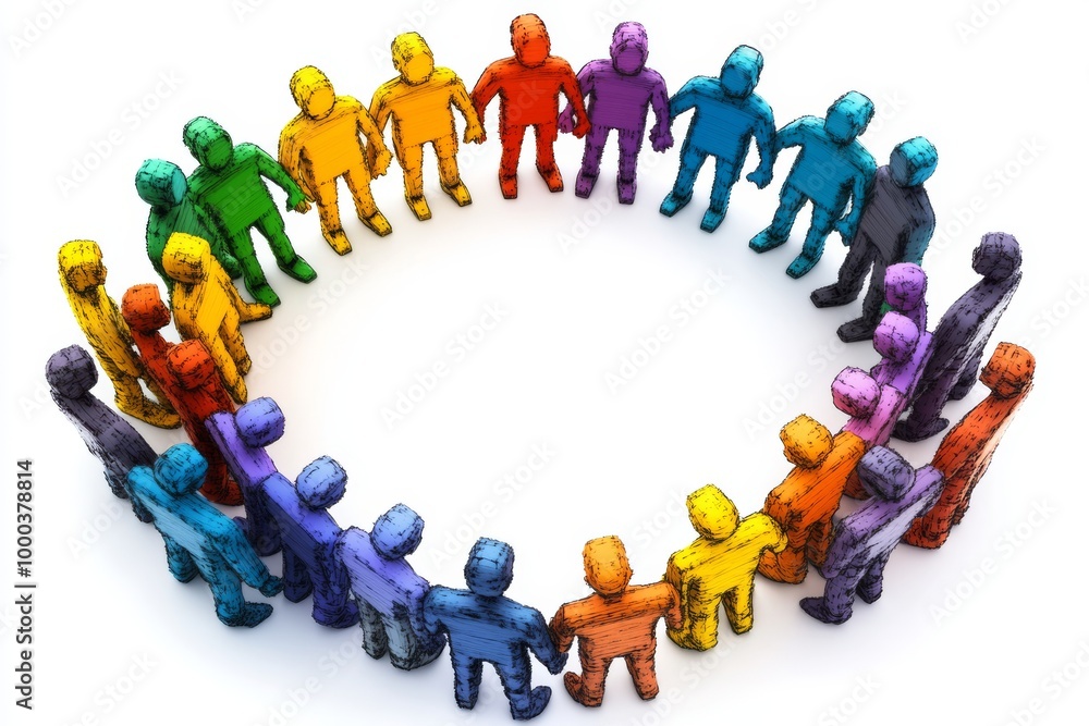 Poster 3d illustration of rainbow colored figures standing in a circle symbolizing diversity unity and team