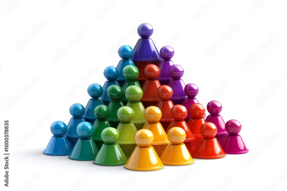 Poster 3d illustration of colorful game pieces arranged in a pyramid symbolizing teamwork hierarchy and suc