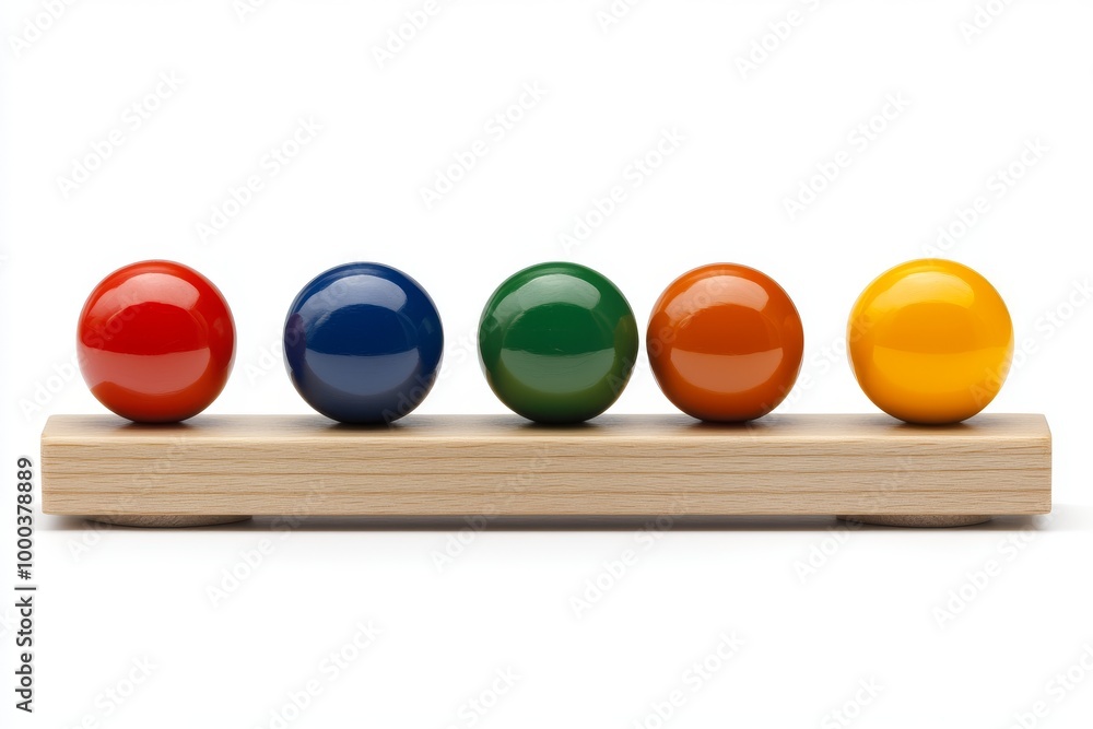 Poster 3d illustration of colorful spheres on a wooden base symbolizing balance unity and teamwork through 