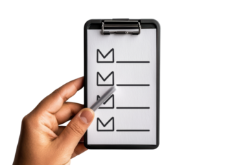 Hand holding a checklist on a clipboard isolated on transparent background.