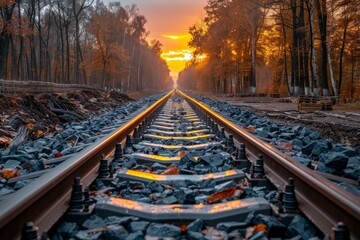 Fototapeta premium Railway track installation construction of infrastructure and equipment for laying steel rails