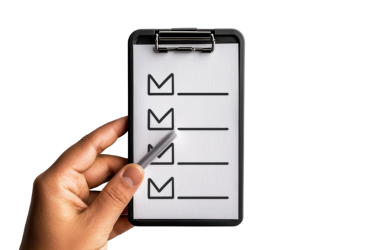Hand holding a checklist on a clipboard isolated on transparent background.