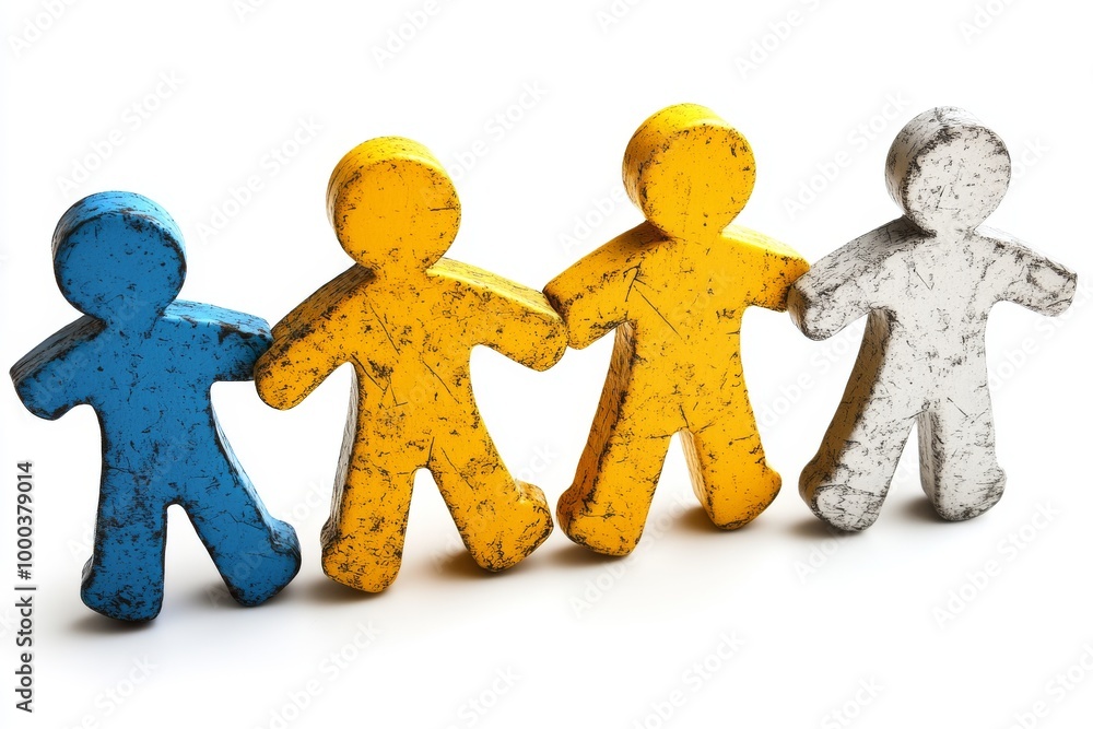 Poster 3d weathered metal figures holding hands symbolizing resilience unity and strength through a rustic 