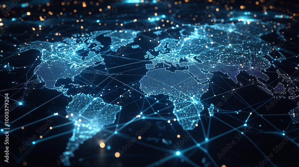 Poster Abstract depiction of a global grid of internet and communication connections on a world map