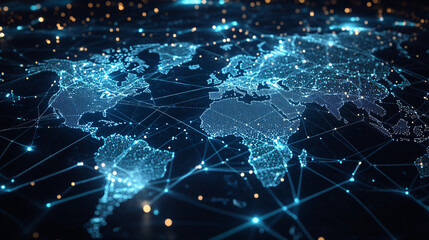 Abstract depiction of a global grid of internet and communication connections on a world map