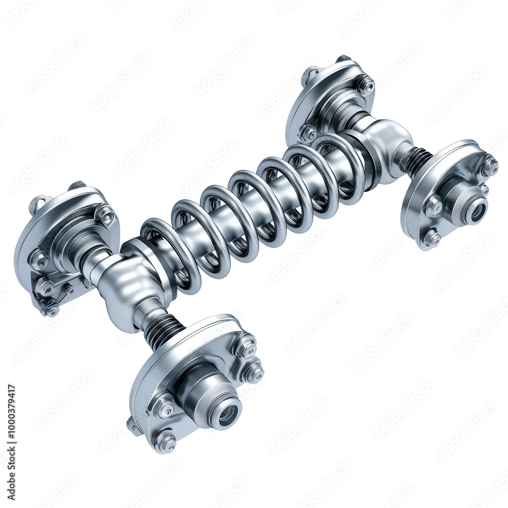 Poster metal spring buffer with metallic components isolated on transparent background.