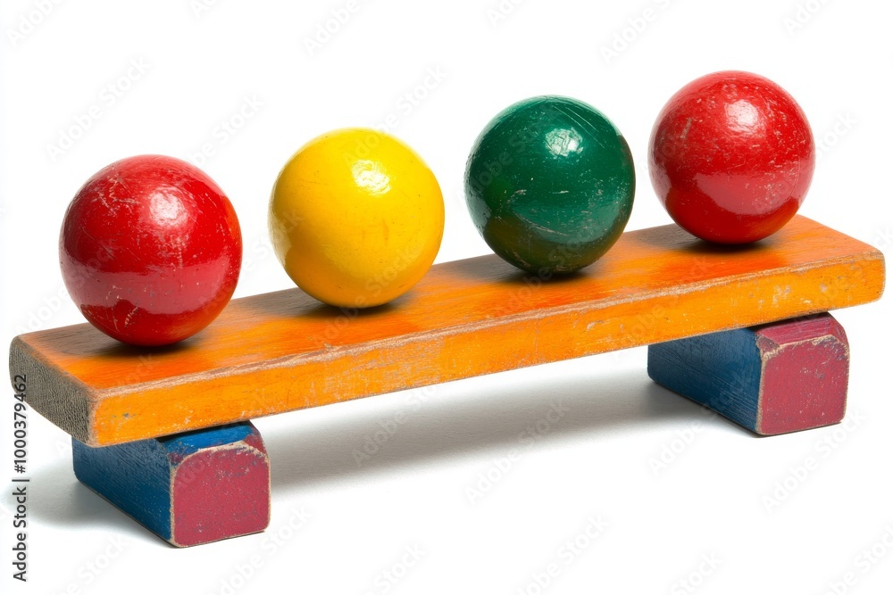 Poster 3d illustration of colorful spheres balanced on a wooden board symbolizing balance teamwork and unit