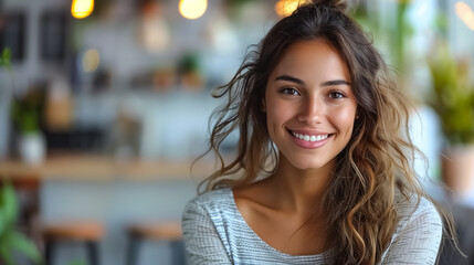 Obraz premium Happy work environment, image of a girl at the office smiling