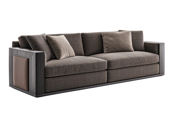 Fototapeta premium Modern grey sofa with plush cushions isolated on transparent background.