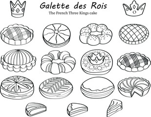 Galette des rois, the French epiphany three kings cake. Cake dessert black and white icon collection. Vector illustration, coloring page for kids.