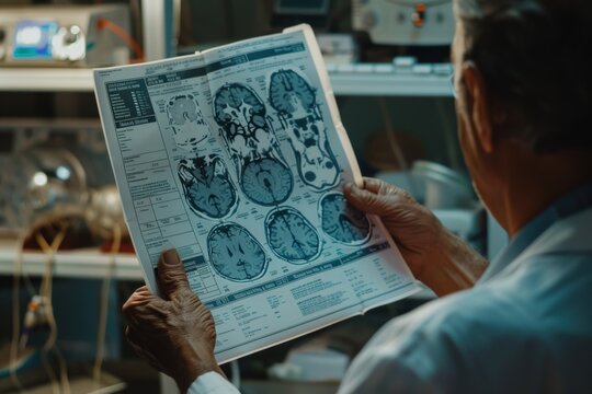 A doctor examines brain scan images, analyzing data within a clinical setting filled with medical equipment. - Powered by Adobe