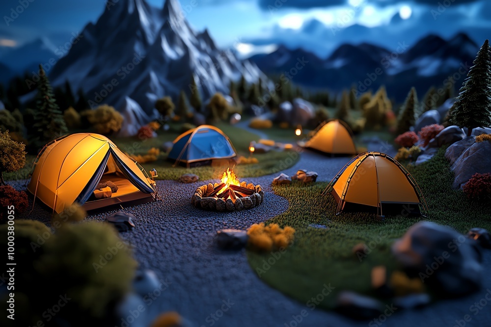 Poster 3d digital model of a mountain campsite, where users can interact with the tents, campfire, and surr
