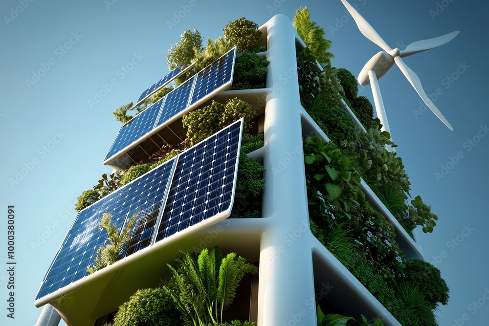 Aufkleber 3d digital model of an eco-friendly building, where users can interact with the solar panels, wind t