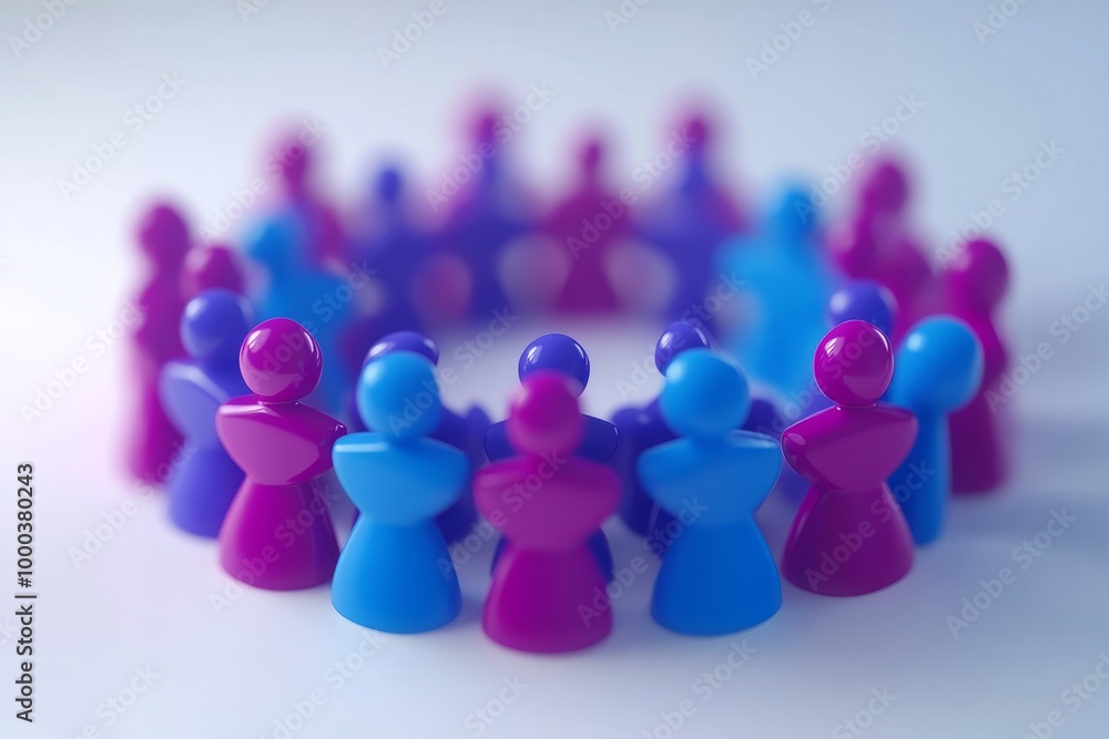 Poster 3d illustration of a group of purple and blue figures standing in a circle symbolizing unity teamwor