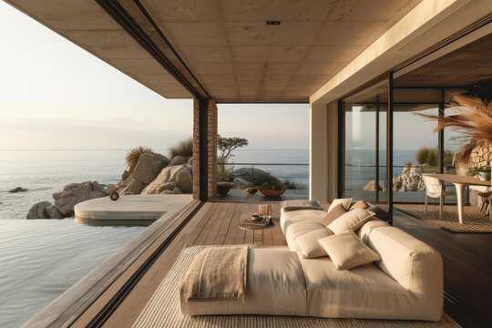 Explore the seamless transition from the modern, cozy interior of a beach house living room