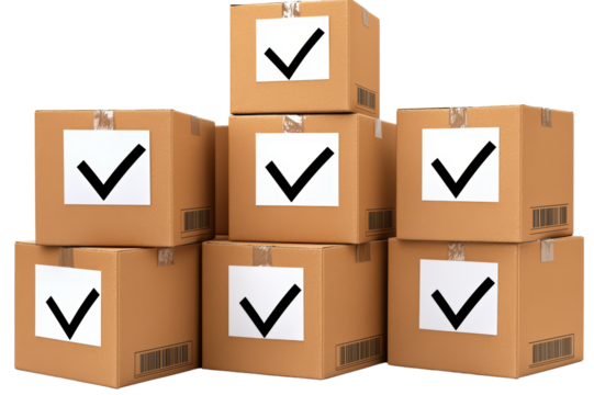 Stacked cardboard boxes with check marks on labels isolated on transparent background.
