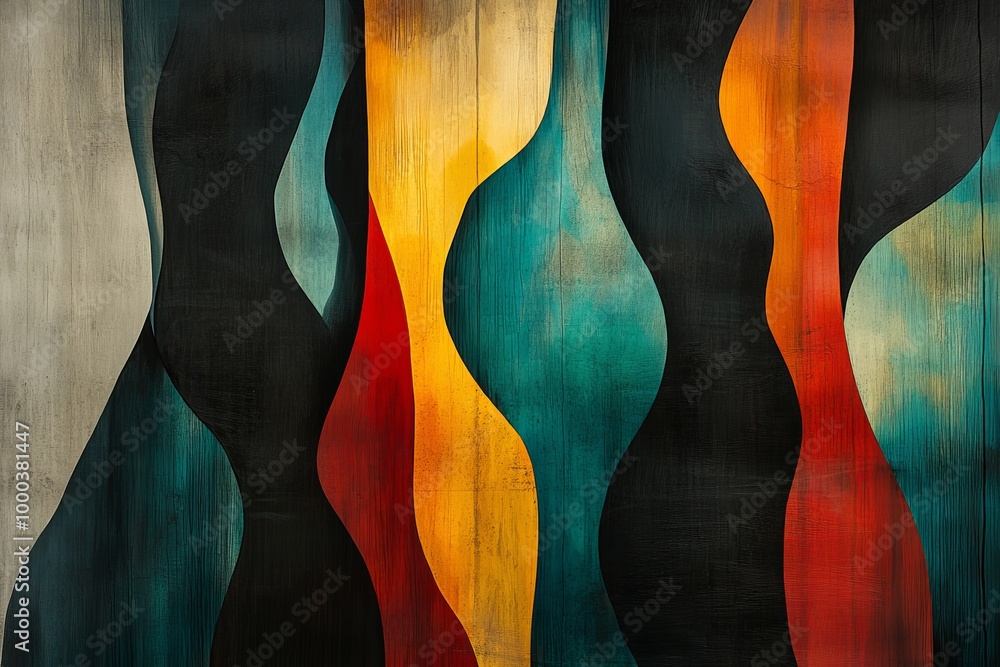 Poster abstract art featuring colorful wavy vertical shapes with bold earth tones symbolizing movement flow