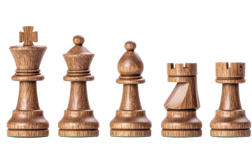 Wooden chess pieces arranged in a row isolated on transparent background.