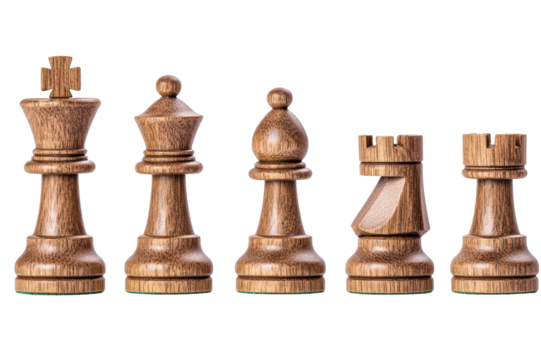 Wooden chess pieces arranged in a row isolated on transparent background.