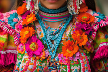 A vibrant display of cultural heritage during a traditional festival showcasing ornate clothing and joyful celebrations