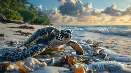 Obraz premium A sea turtle crawls along a sandy beach, surrounded by shells and ocean debris, with a vibrant sunset and clouds in the background