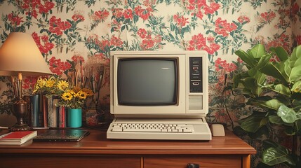 A vintage computer setup in a cozy room, featuring floral wallpaper and warm decor. Perfect for retro technology themes.