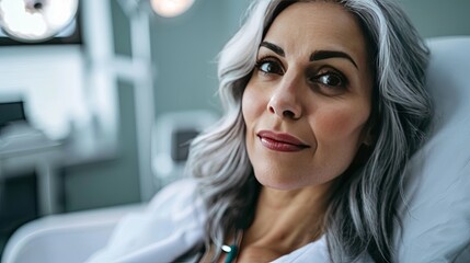 Obraz premium Photo of beautiful woman with grey hair in modern clinic as patient