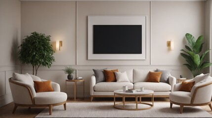 Living room with poster frames on wall 3d illustration, luxury style, 3d render