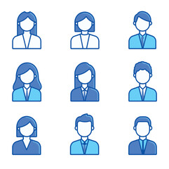 A set of nine business avatars in a minimalist line art style with blue and light blue accents. Each character features different hairstyles and business attire.