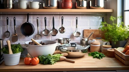 A Kitchen Scene with Fresh Produce and Cookware
