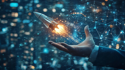 Entrepreneur launching a rocket in a futuristic city with network connection, symbolizing business innovation