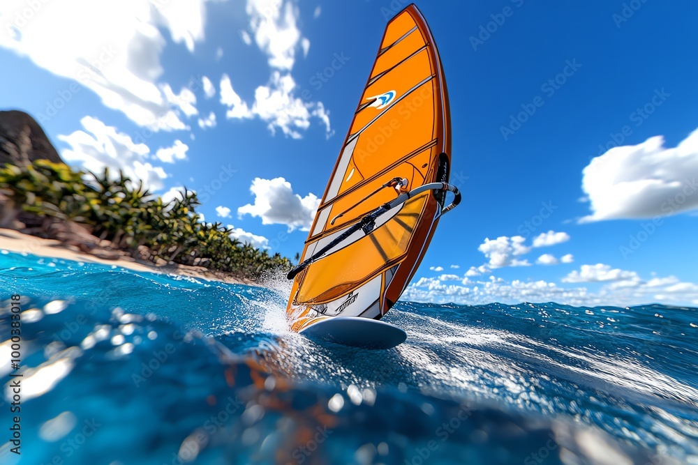 Poster 3D digital rendering of a windsurfing experience, where users can explore and navigate the ocean, adjust the wind conditions, and feel the speed in an immersive environment