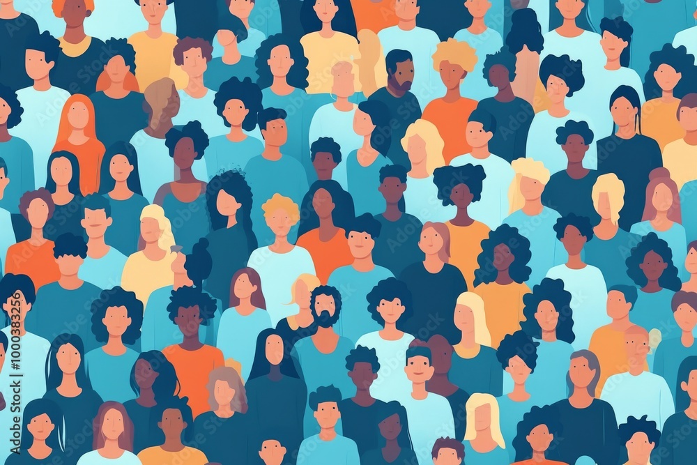 Poster crowd illustration with colorful human figures symbolizing social connection unity and community div