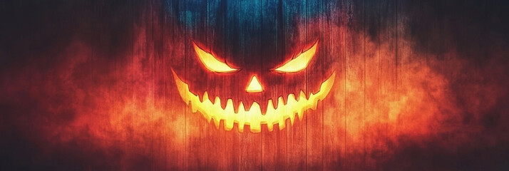 Naklejka premium Spooky Jack-o'-lantern face on a wooden background.