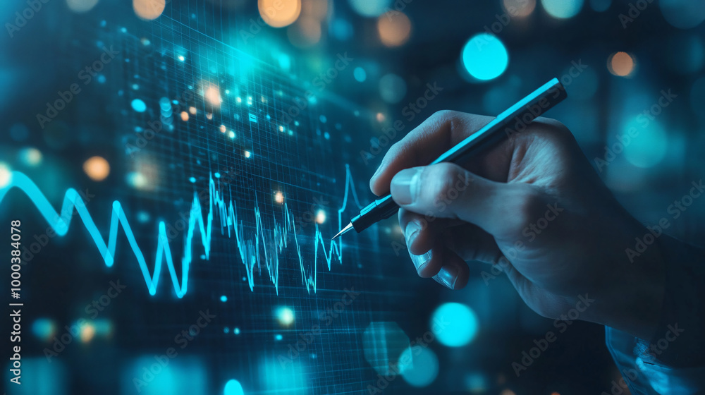 Leinwandbilder Businessman uses a stylus to analyze financial data on a virtual screen, interacting with charts and graphs
