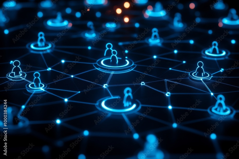Poster high tech network illustration of people connected through digital nodes symbolizing collaboration t
