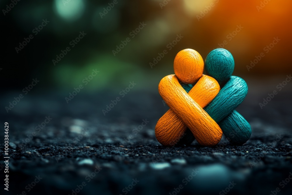 Poster two abstract figures intertwined in warm colors symbolizing connection partnership and support in a 