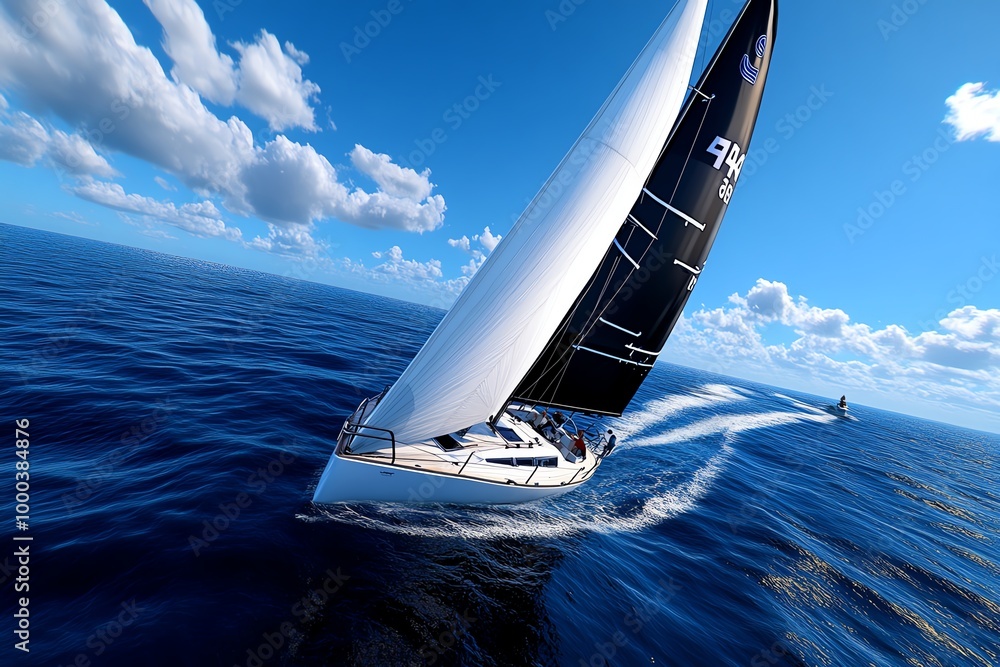 Poster 3d rendering of a sailboat race, where users can control the boat, adjust the sails, and race throug